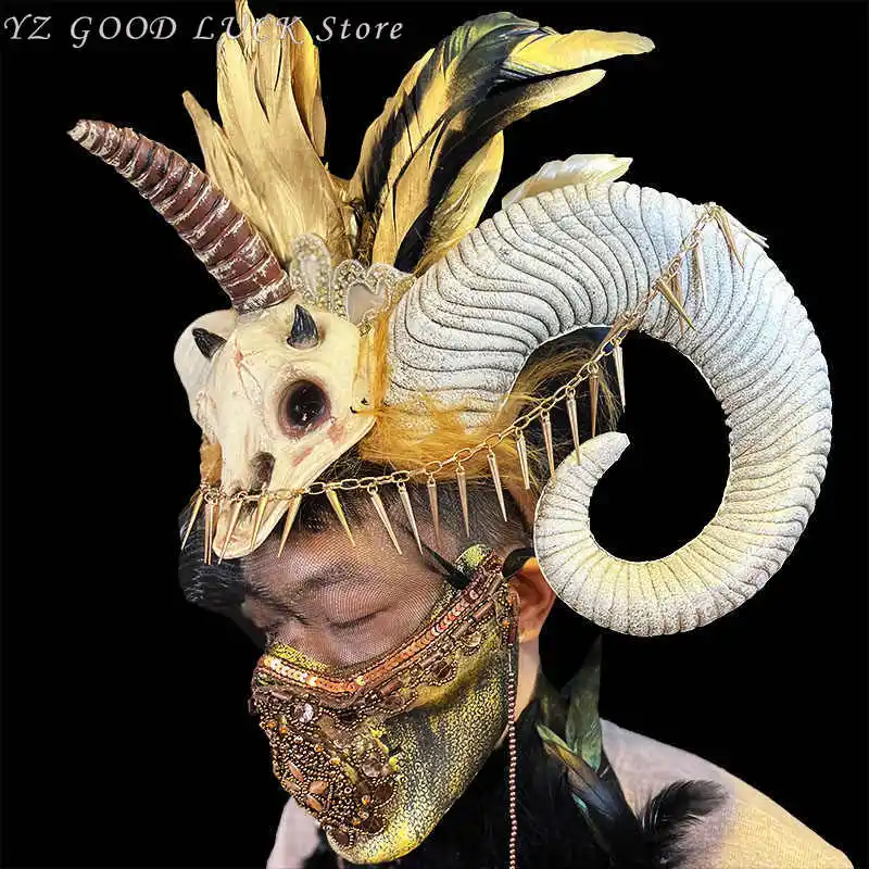 Borla escuro exagerado cocar dj passarela cyber mostrar punk chifre halloween cosplay chifres boné demônio anime shofar carnaval presentes