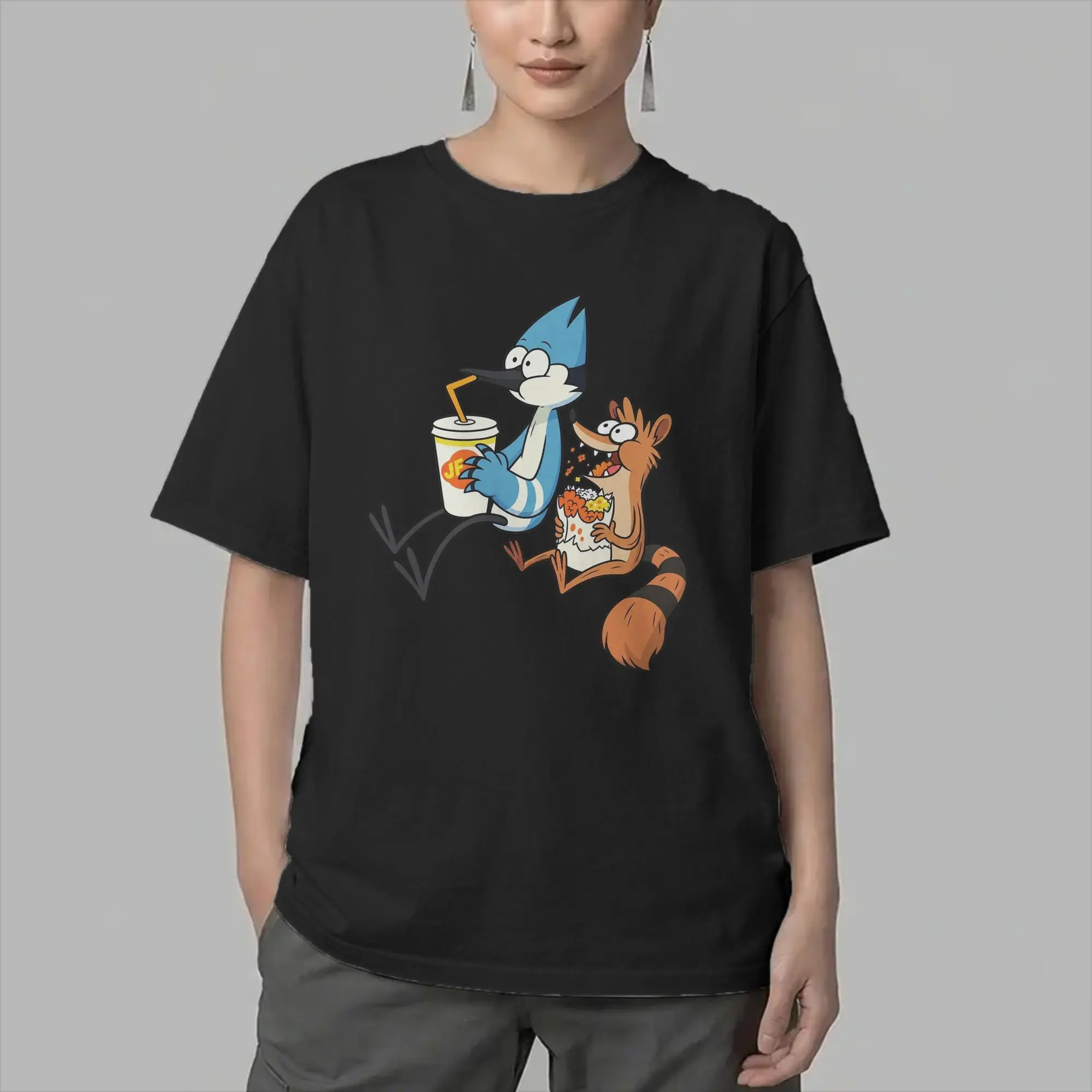 Cartoon Regulars Show Mordecai and Rigby Eating Men's T Shirt  Hipster Tees Short Sleeve Crew Neck T-Shirt 100% Cotton
