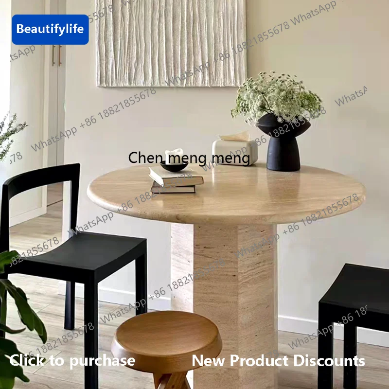 

D183 French Natural Travertine Dining Table Nordic Minimalist Designer Round Marble Dining Table