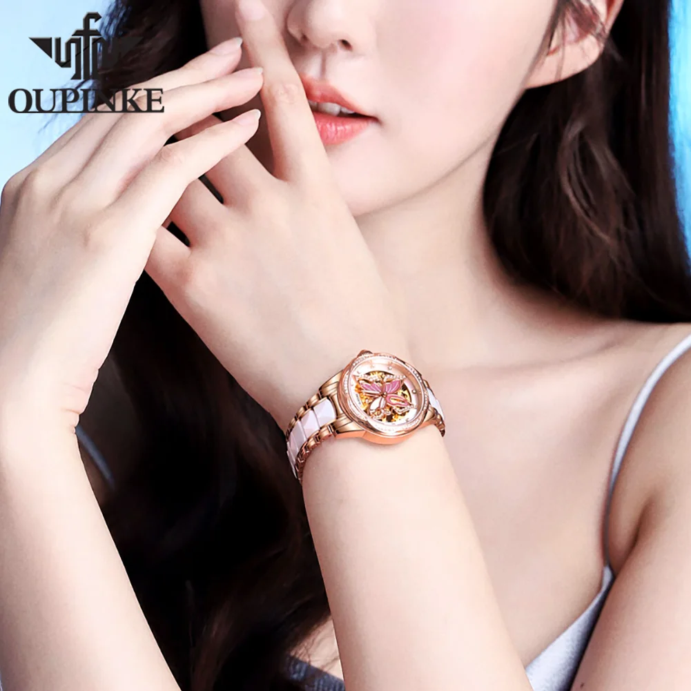 OUPINKE 3239 Automatic Mechanical Women's Watch Stainless Steel Ceramic Strap Fashion Butterfly Ladies Watches