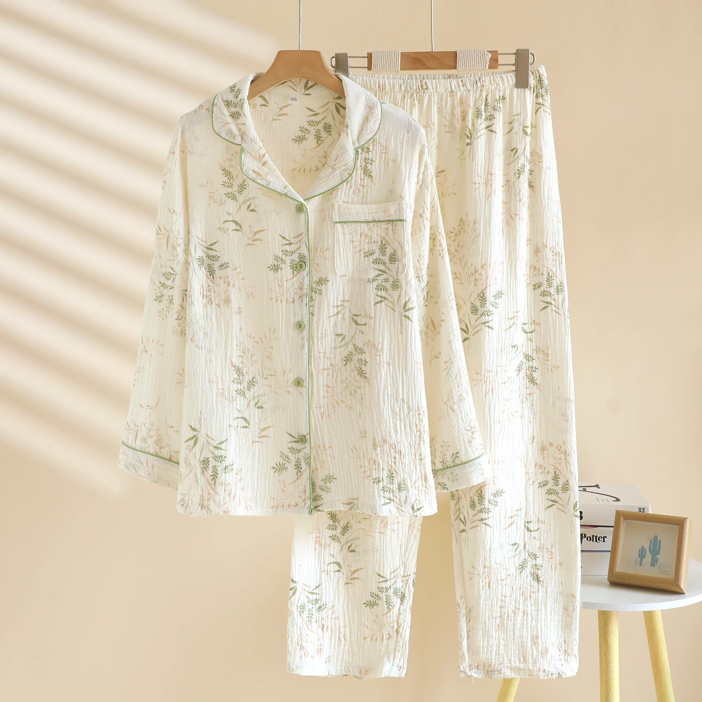 

Женский японский минималистичный пижамный комплект из двойной марлевки, хлопковая одежда для сна, с воротником на пуговицах и свободным кроем, большие размеры, всесезонный, L