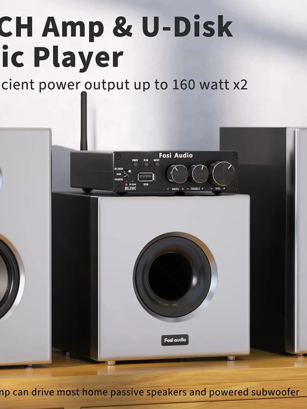Fosi Audio BL20C mit 32-V-Netzteil, Bluetooth 5.0 2.1 HiFi-Audioempfänger, Verstärker, Mini-Verstärker der Klasse D, U-Disk-Player, 160 W x2