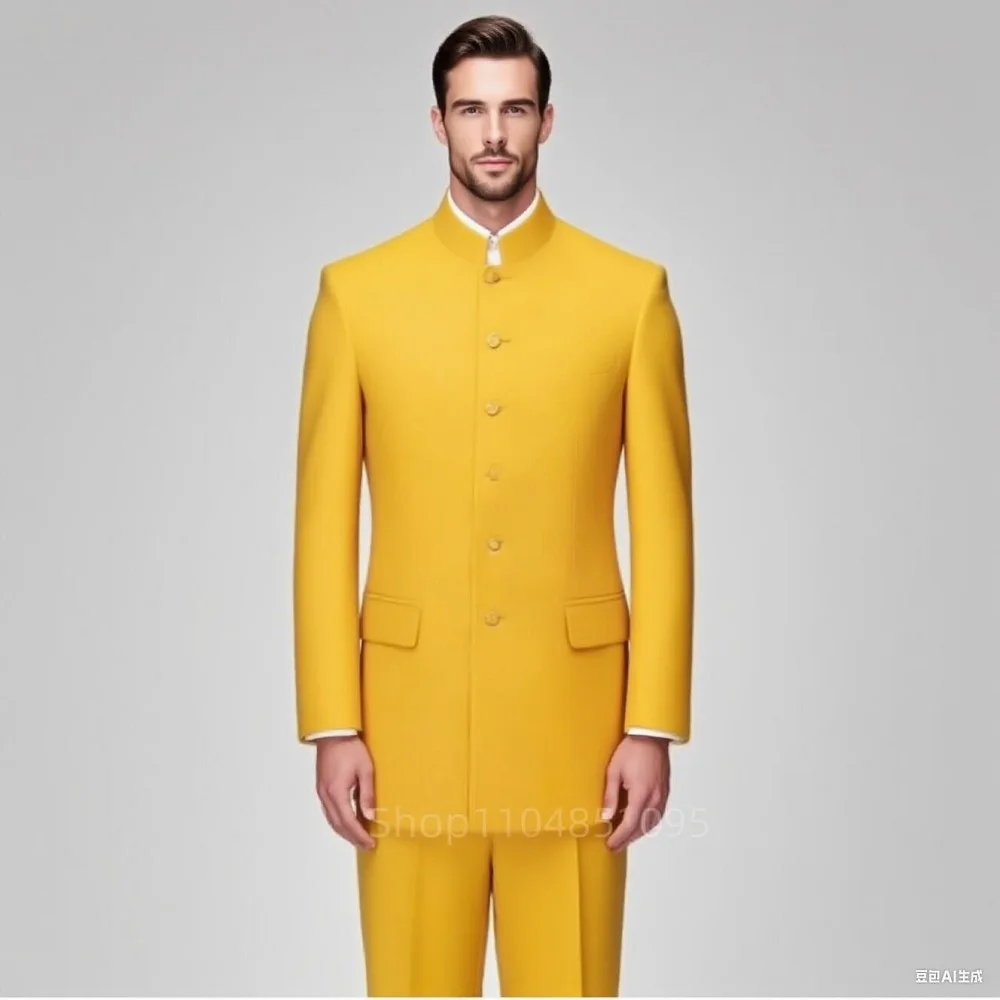 

Classic High Quality 2-Piece Men's Chinese Style Slim Fit Wedding Groom Tuxedo Set with Stand Collar Jacket And Pants