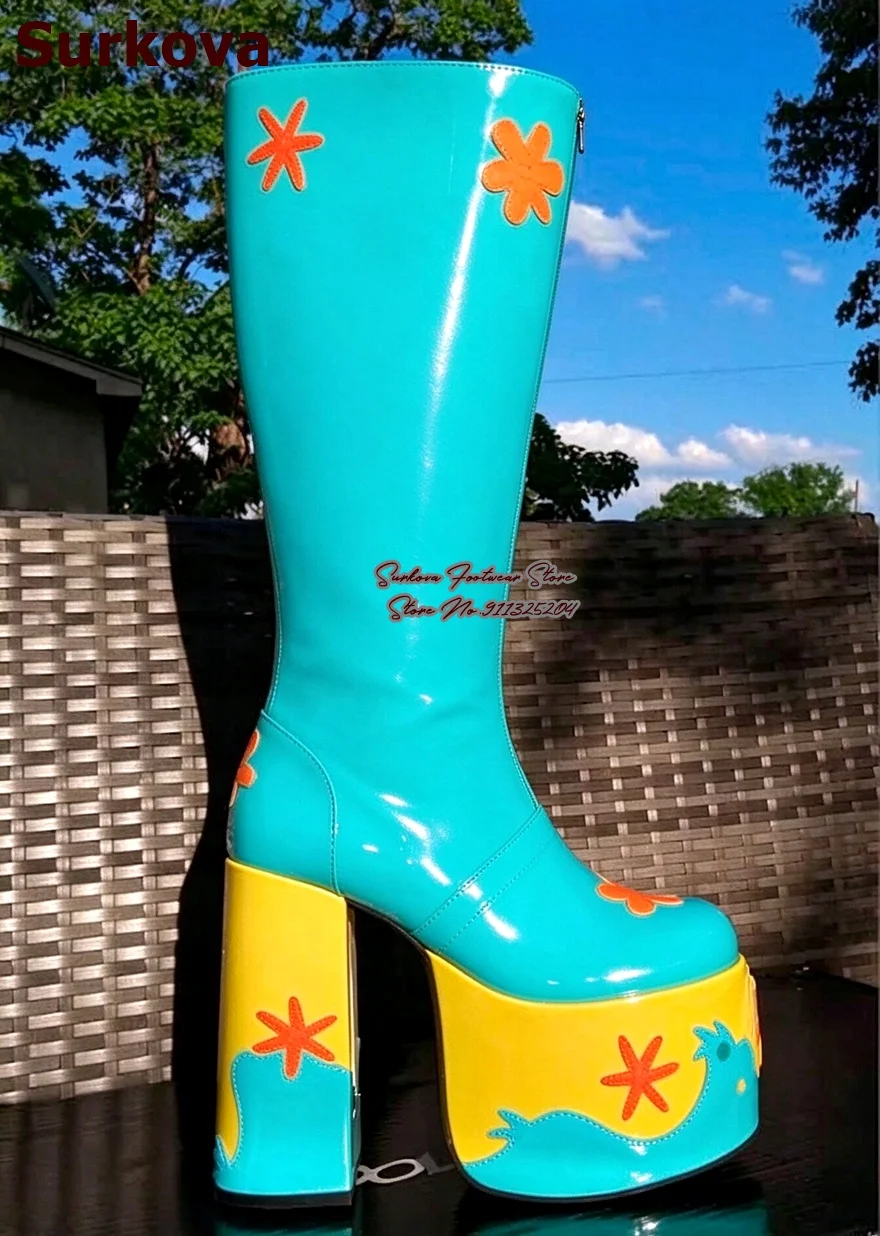 Y2K Flower Applique Platform Knee High Boots Pink Turquoise Holographic Patent Leather Chunky Heel Boots Zipped Festival Shoes