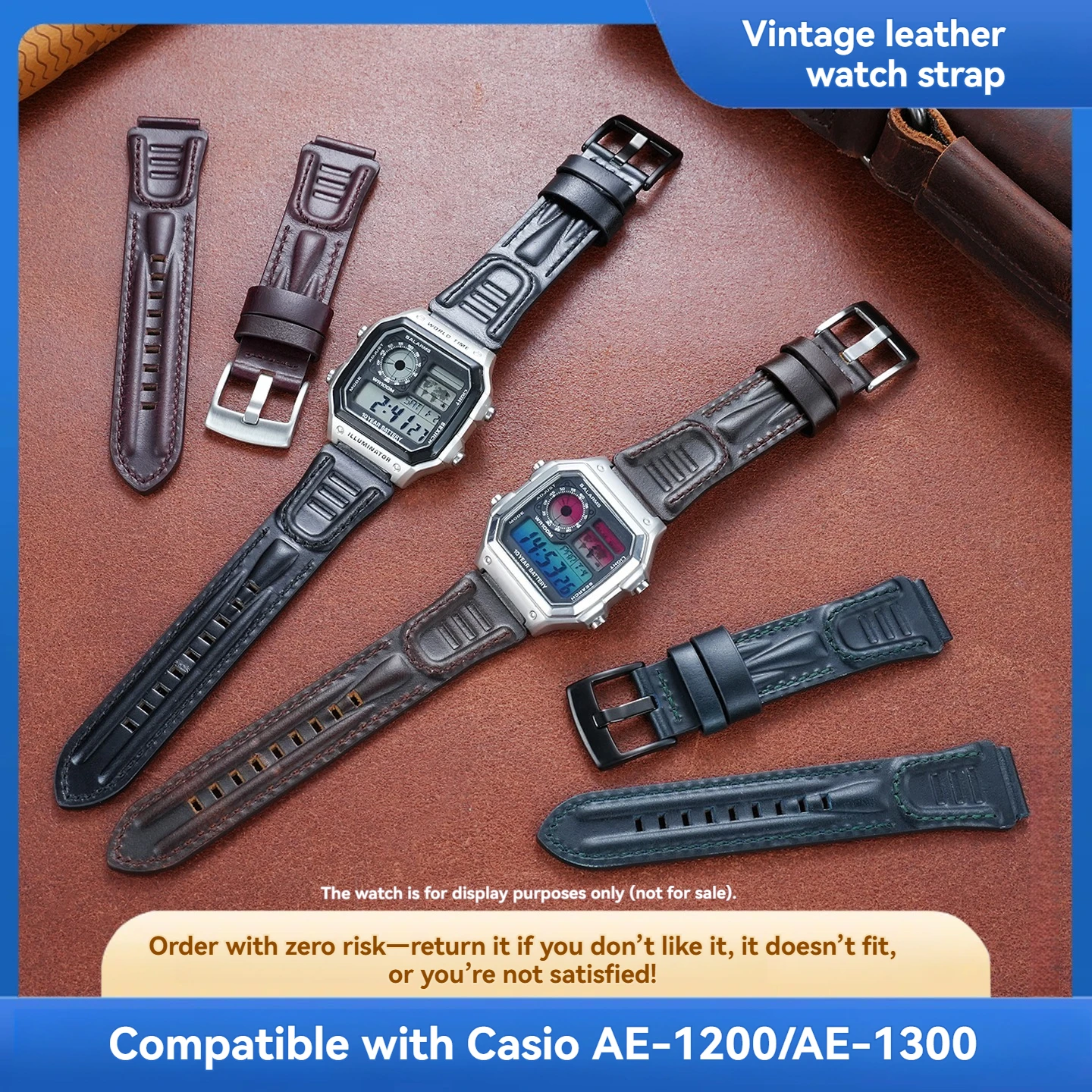 Genuine leather watchband suitable for Casio strap electronic watch AE1200/1300/A158/AQ-150W cowhide watch strap male 18mm