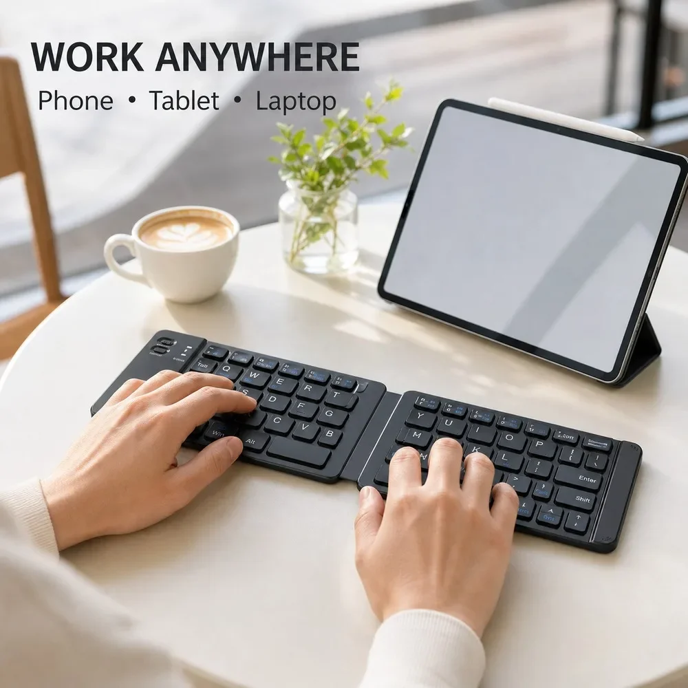 Portable Bi-Fold Bluetooth 5.0 Keyboard Rechargeable Quiet Slim Travel Keyboard For Smartphone Tablet Laptop Multi OS 06