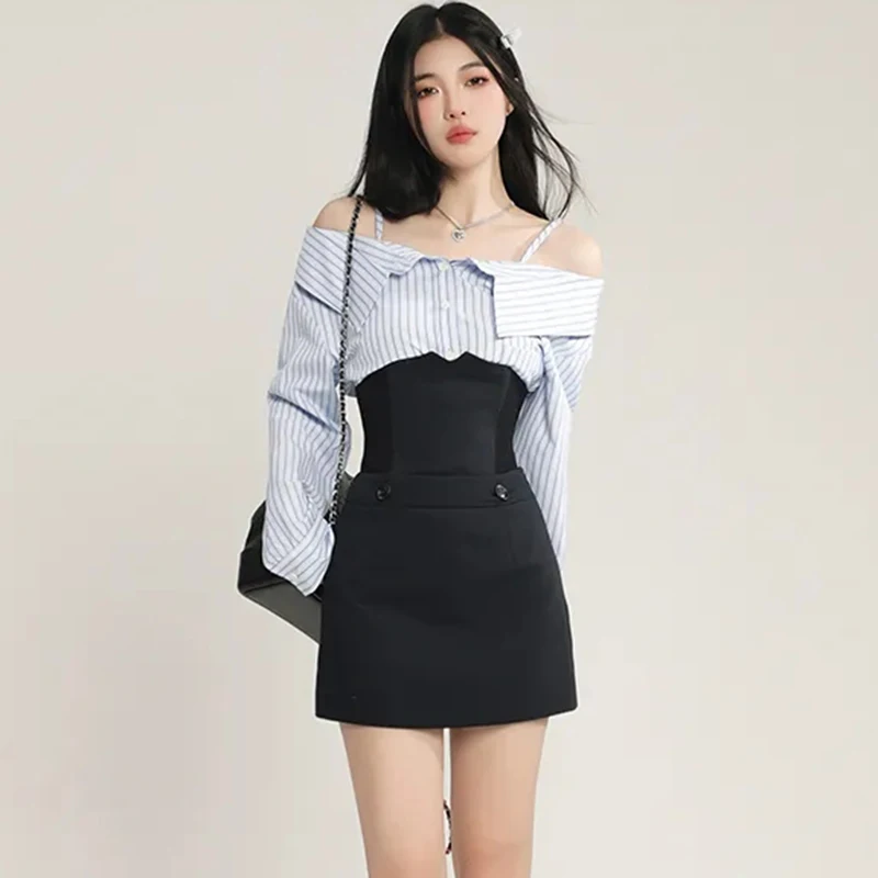 Fashion Simple Two Piece Skirt Sets Women Blue Striped Slash Collar Long Sleeve Shirt + Sexy All Match A Line Mini Skirt Female