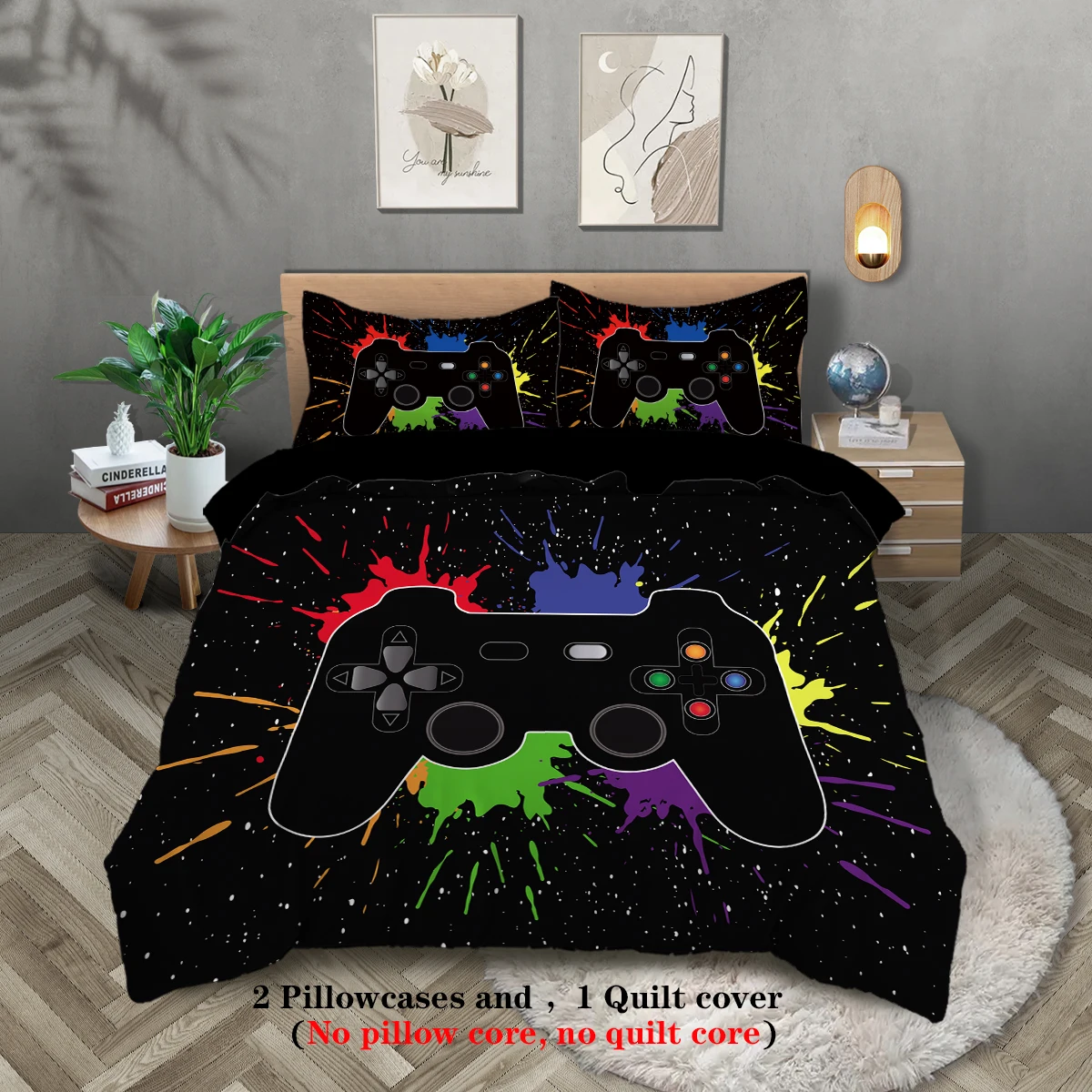 3-piece down duvet cover set with game controller pattern digital printing (1 duvet cover+2 pillowcases, no core) bedding set