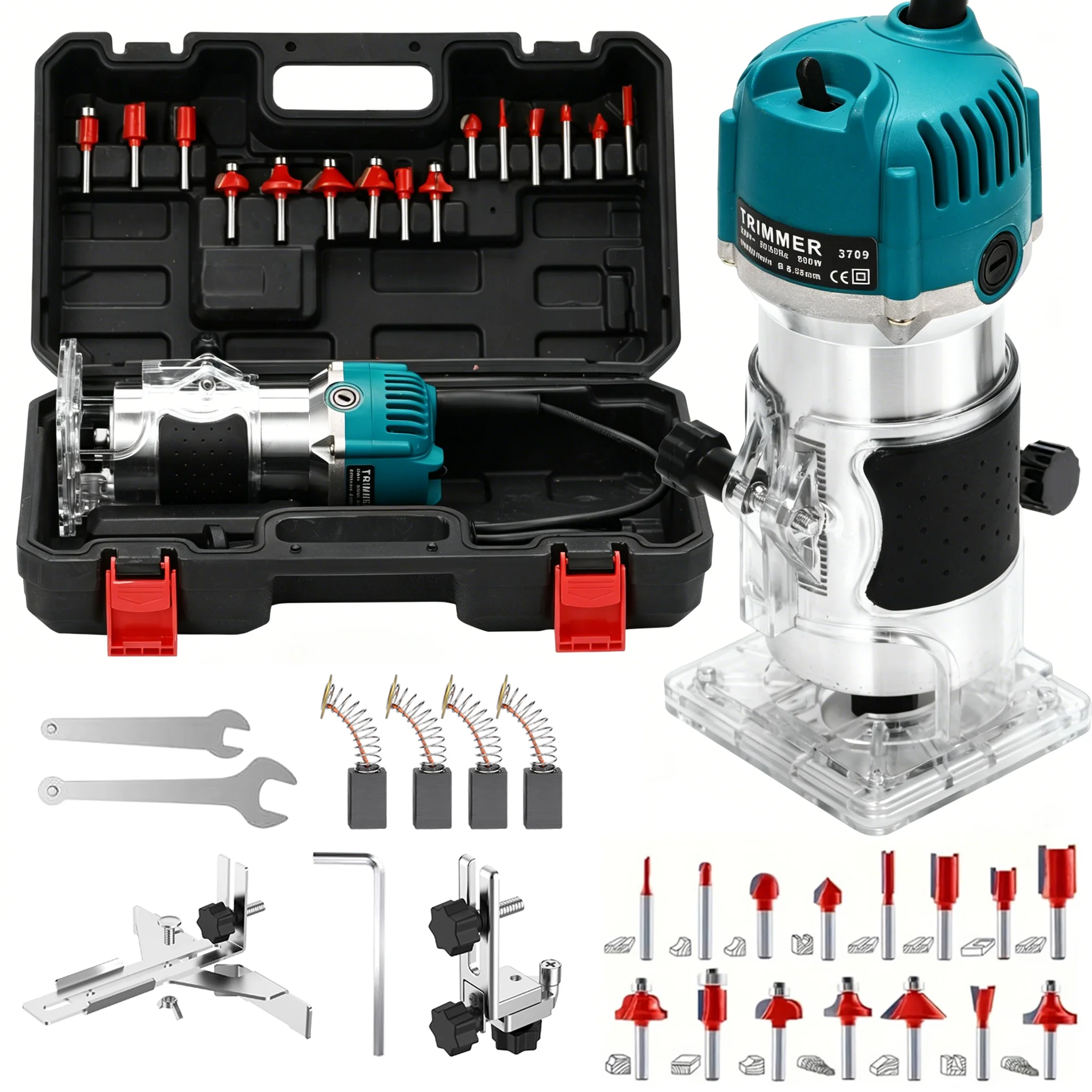 800W Holzfräse 30000 U/min Elektrischer Trimmer 1/4 Zoll Schaft 15-teiliges Fräser-Set Kompakte Holzbearbeitungs-Fräsmaschine Trimmfräse Schlitzfräser Elektrowerkzeug-Set