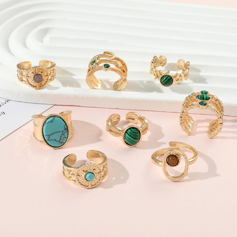 Freeshipping Vintage Setting Natural Stone Rings Gold Color Luxurious Emerald Rings Opening Boho Rings for Women Y2K Jewelry