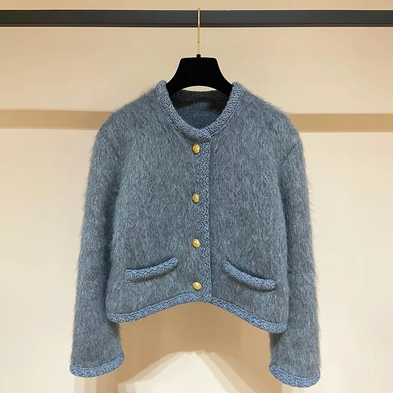 

High-End Blue ort Sve Long Coat for Young Women Ele Commute Sle Loose Fit Button Closure Pure Color Autumn Outerwear