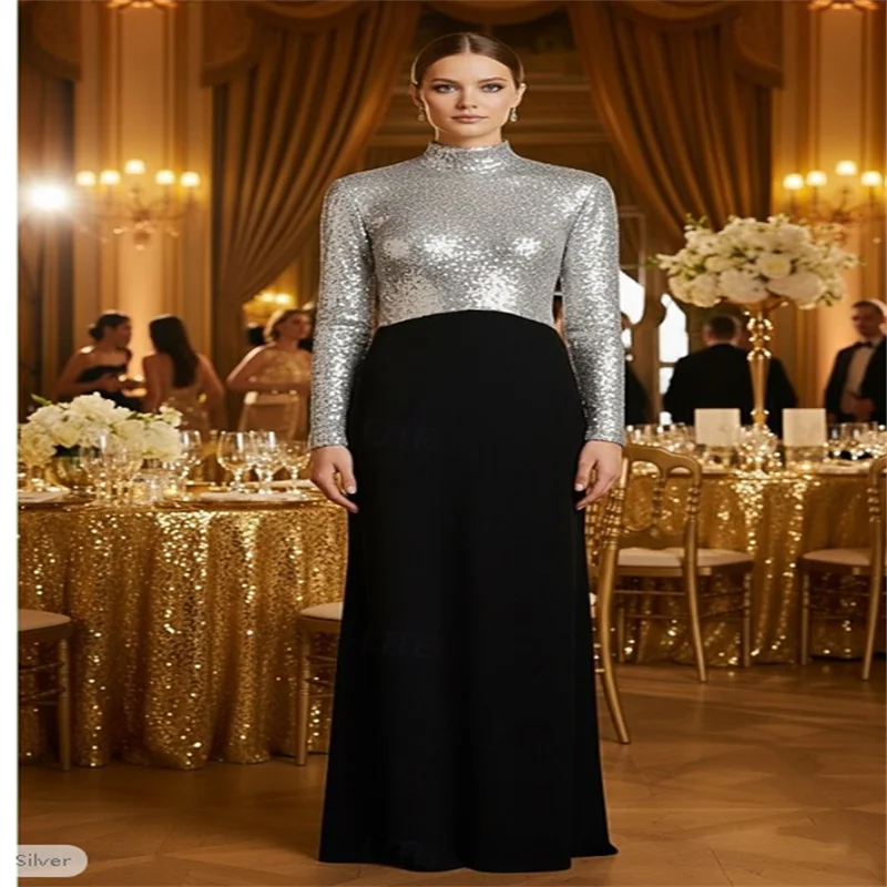 

Black and Gold Sequin Sheath / Column Evening Gown Elegant Formal Dress Formal Wedding Floor Length Long Sleeve High Neck