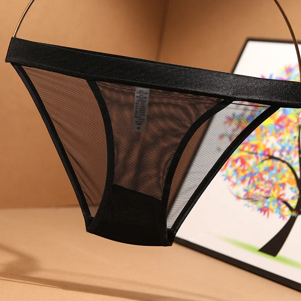 Женские бесшовные трусики с широким покрытием, сетчатые прозрачные трусики, сексуальное кружевное нижнее белье с низкой талией, облегающие прозрачные трусики, эротическое белье
