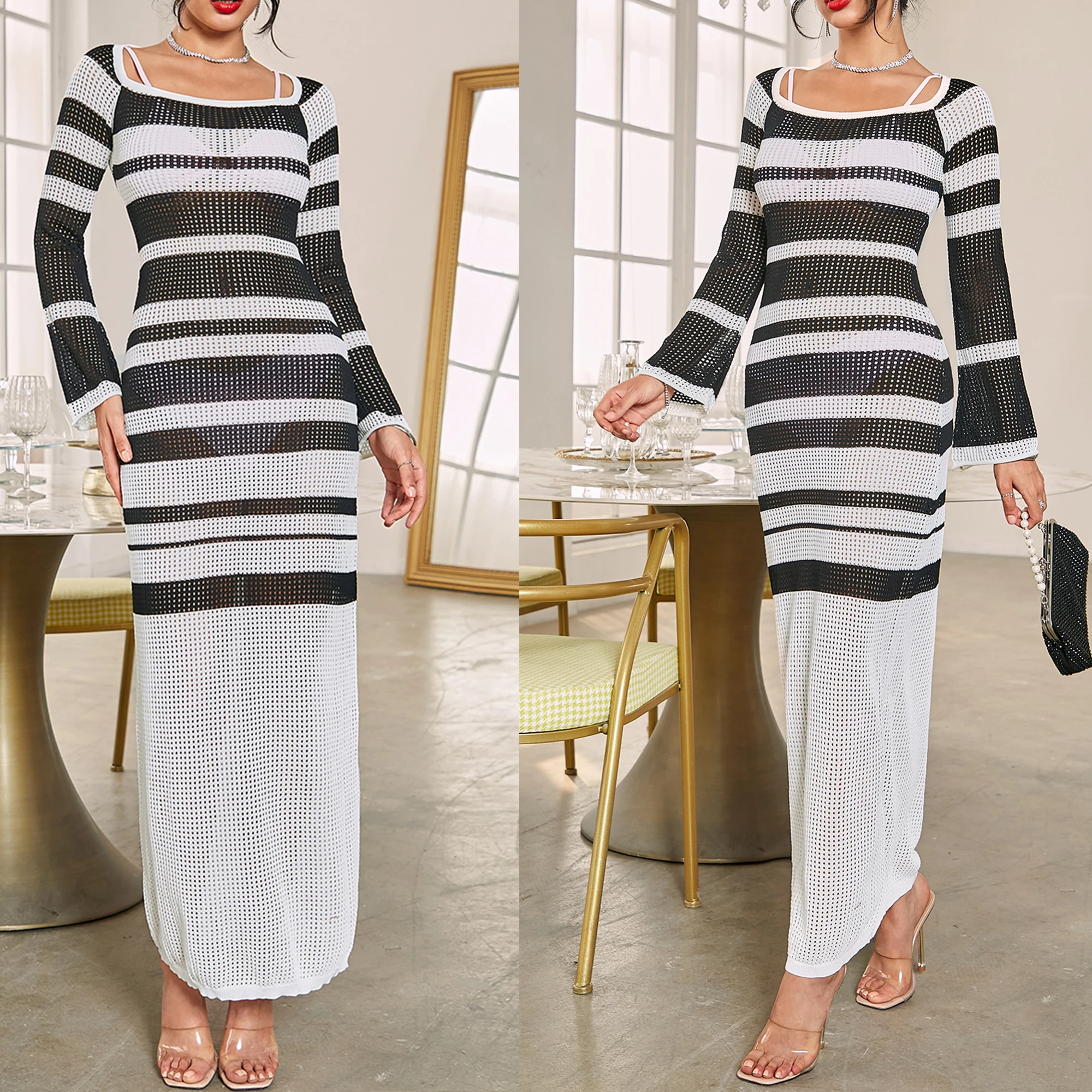 

Women's beach vacation summer knitted long sleeved striped long skirt slim fit elegant sexy set party long skirt