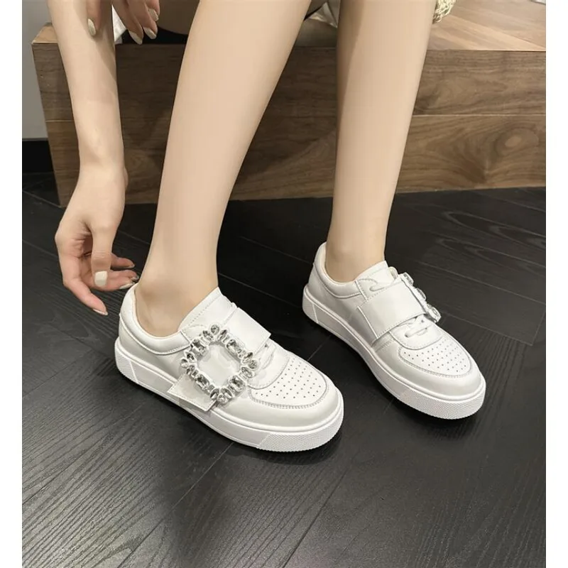 Girls Fashion Casual Flats Round Head Lace-up Sneakers Square Crystal Cover Heel Women Shoes Thick Bottom Zapatos Mujer fashion