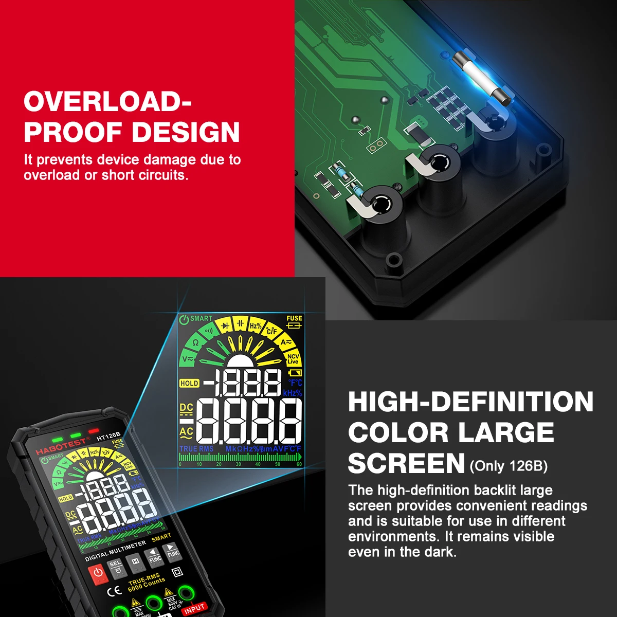 HABOTEST HT126A/HT126B Digital Multimeter Smart Auto Range DC AC Current Voltage Tester Meter Ohm Hz Capacitance NCV Multitester