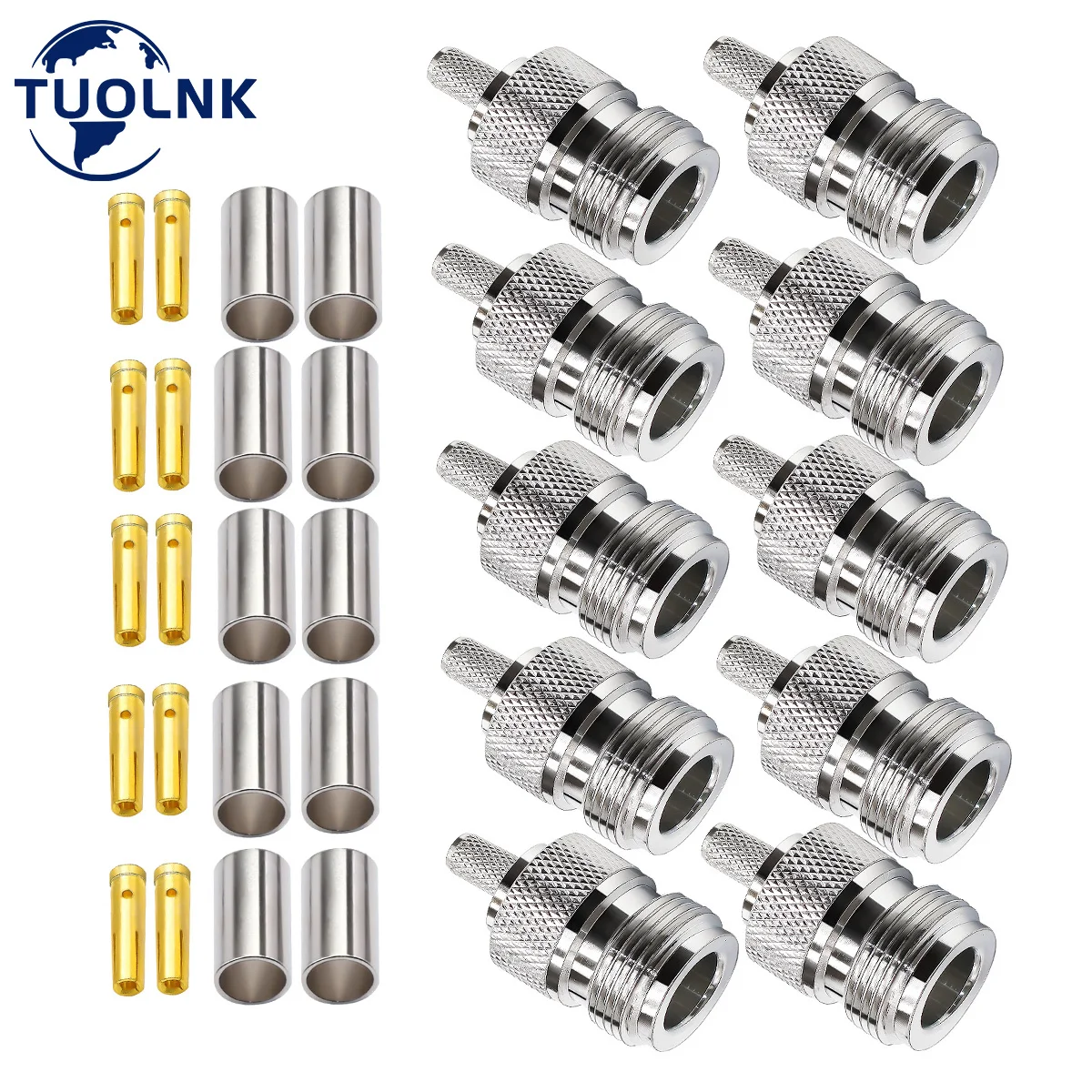 10pcs N Crimp Connector N Female Jack Coax Straight N Type Connector Low Loss 50 ohm for RG58 RG142 RG400 LMR195 RF Coax Cable