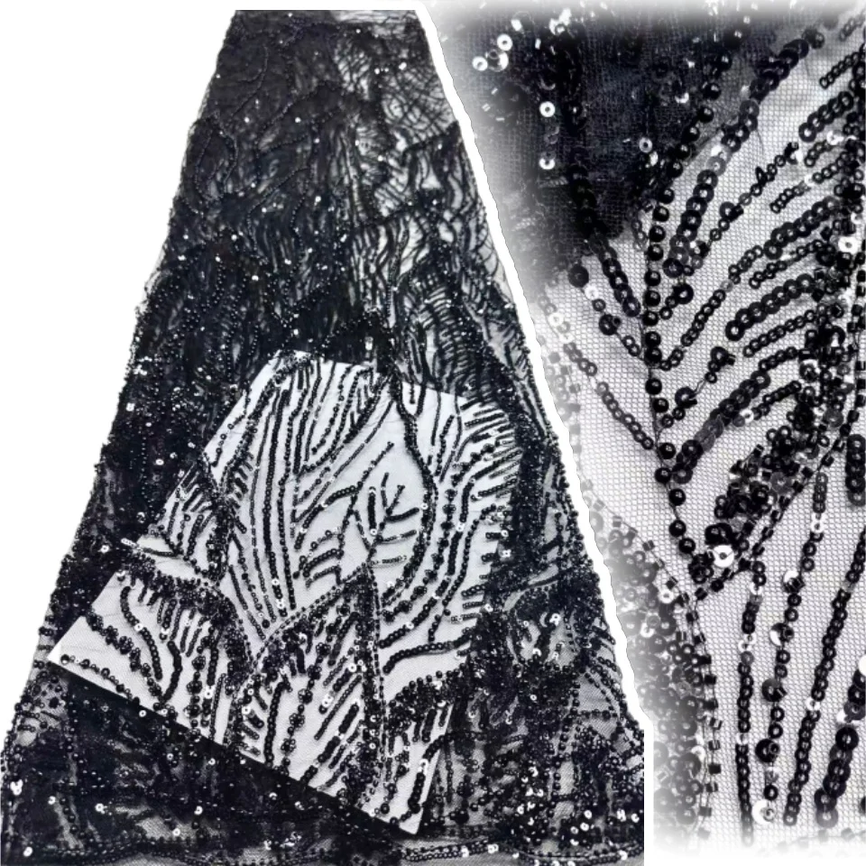 Nueva tela de encaje de tul africano negro 2025 tela de encaje bordado de lentejuelas de malla de alta calidad para mujer vestido de fiesta de noche CC1677