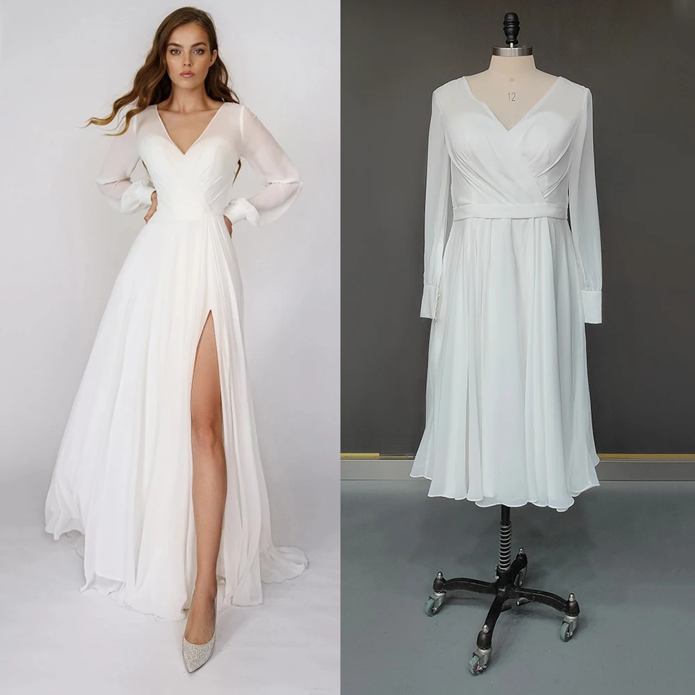 A Line Keyhole Back Chiffon Simple Wedding Bride Dress Drop Ship Ruched Long Bishop Sleeves V Neck Real Photos Bridal Gowns