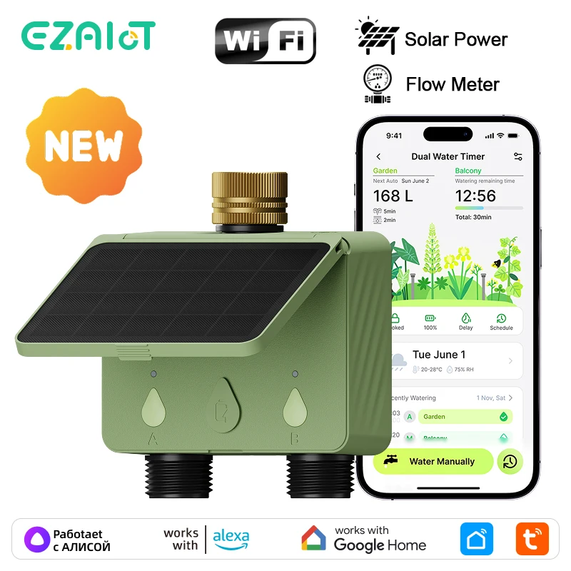 Programmateur d'arrosage intelligent WiFi Tuya pour jardin, 2 zones, contrôle d'irrigation automatique, compteur de débit solaire