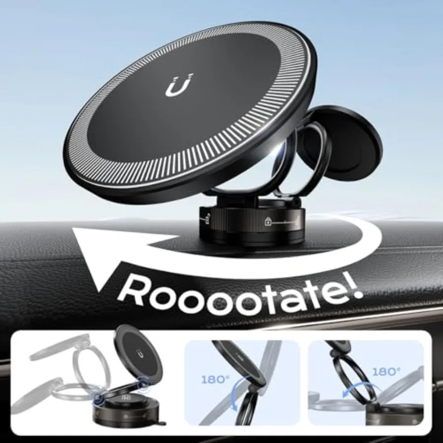 360度回転調整可能なマグネット式車載スマホホルダー、強力な吸盤ベースと折りたたみ式デザインで車内や化粧ルーティンに最適