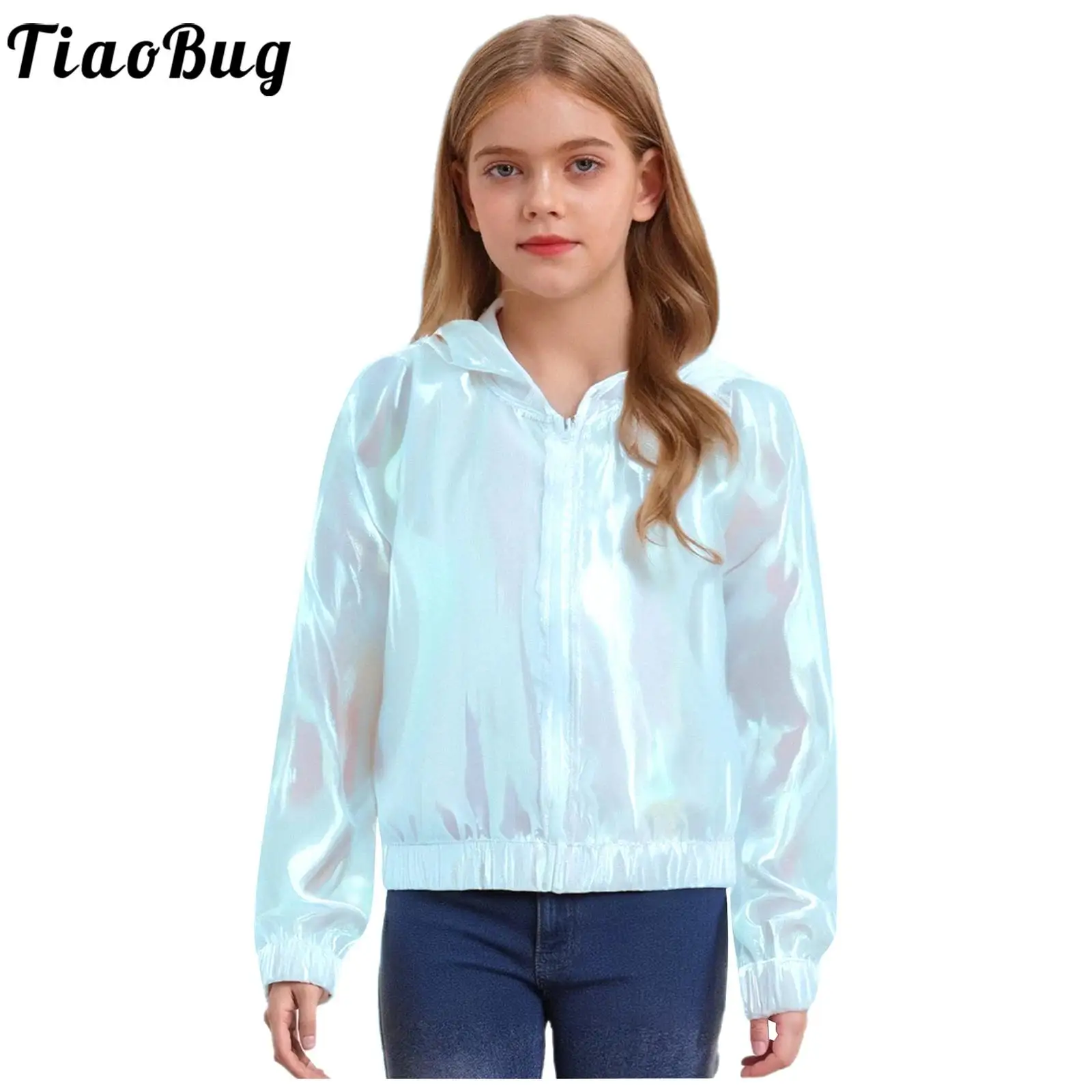 

Kid Girls Shimmery See-Through Jacket Street Modern Dance Costume Long Sleeve Zipper Hooded Coat for Performance Party Dancewear