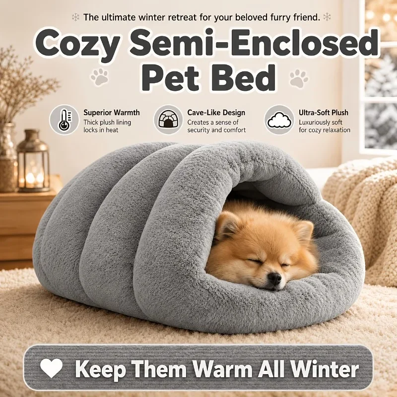 Weiches Plüsch-Halbgeschlossenes Katzenbett, Winterwarmes Haustierhaus, Faltbare Katzenhöhle, Schlafsack, Hundehütte, Winddicht, Verdickt für Kleine Hunde – Detail 1