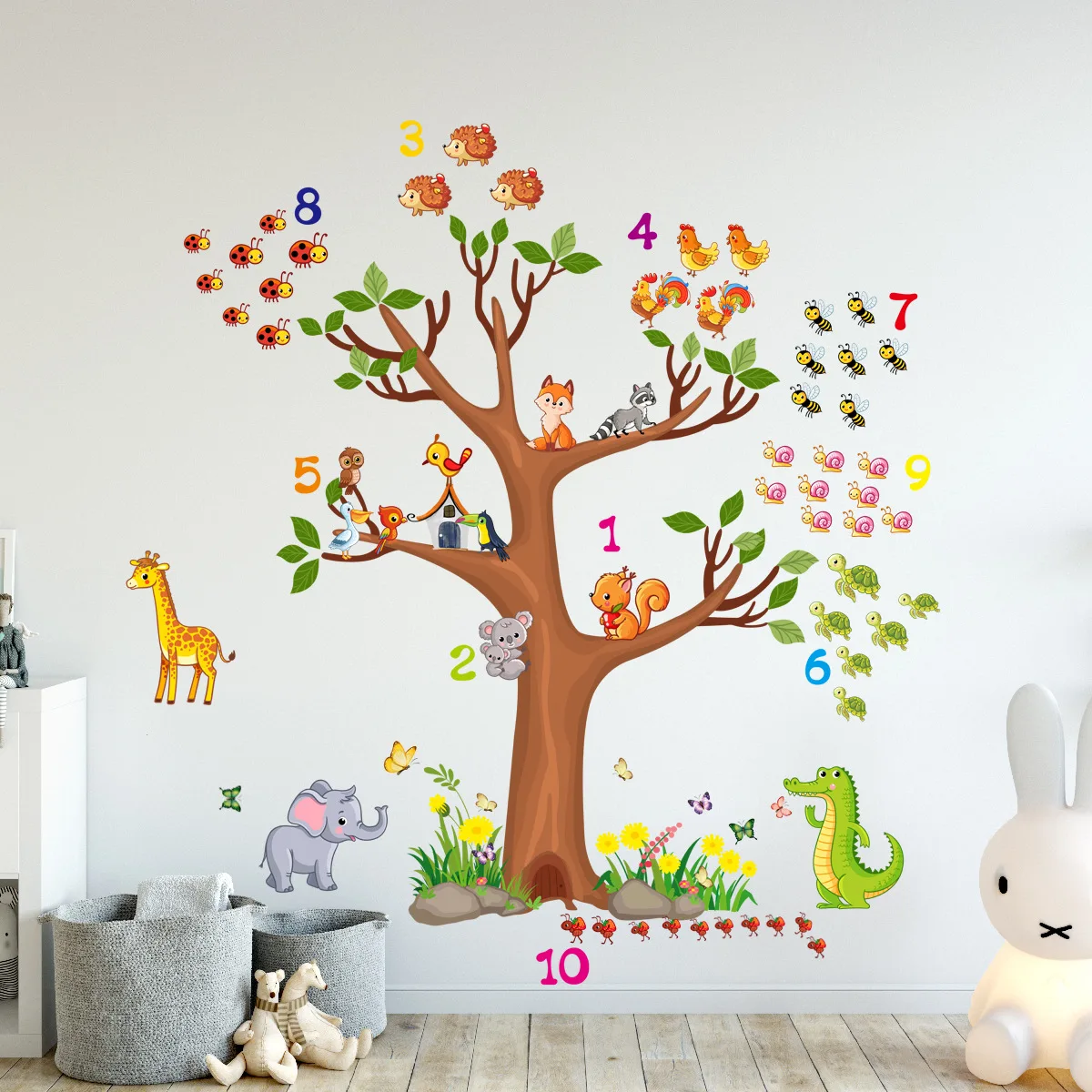 Mural de pájaro de árbol grande para habitación de niños, pegatina de pared de animales de dibujos animados, autoadhesiva, decoración de jardín de