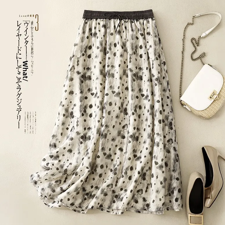 

Large Size Midi Skirt Spring Autumn New Sle Artistic Retro Cotton Linen Print A-Line Skirt Women High Waist Loose...