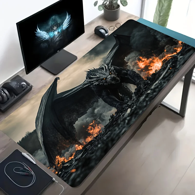 

Large E-Sports Gaming Mouse Pad Black Dragon Fire Spitting Pattern Non Slip Washable Rubber Base Desk Mat Durable Desktop Decor