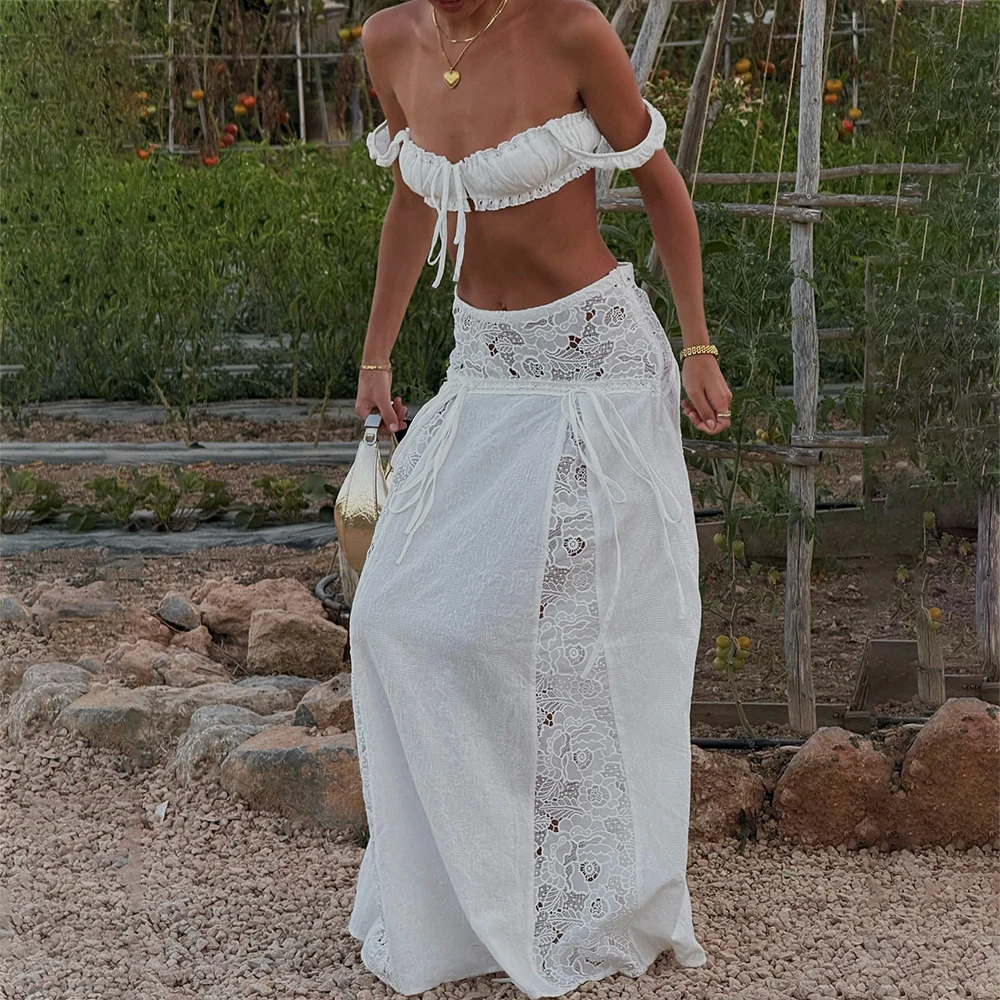 Maemukilabe Women Boho 2 Piece Outfits Y2k Lace Square Neck Tie Up Ruched Crop Tank Top + Maxi Skirt Set Holiday Beachwear