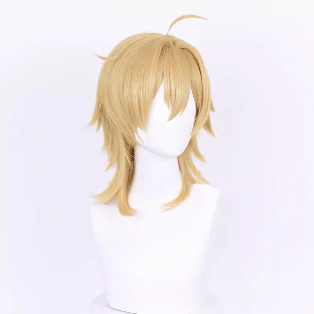 Synthetic Short Straight Blonde Mullet Head Wig with Bangs Fluffy Anime Game Cosplay Hair Heat Resistant Wig for Daily Party