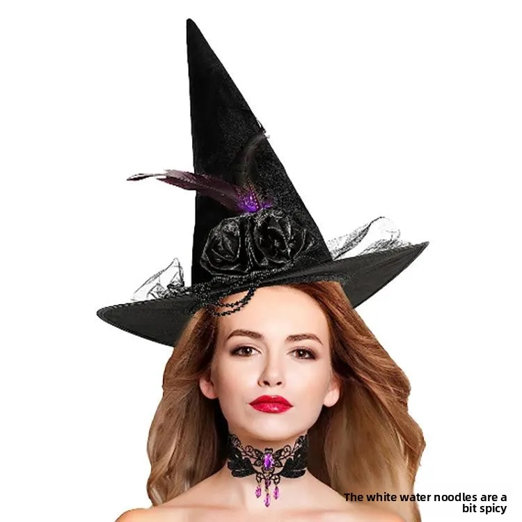

Высококачественная бархатная шляпа ведьмы на Хэллоуин Festival Me с фиолетовыми перьями и розовой цепочкой, шляпа ведьмы и доктора, женский костюм, аксессуар