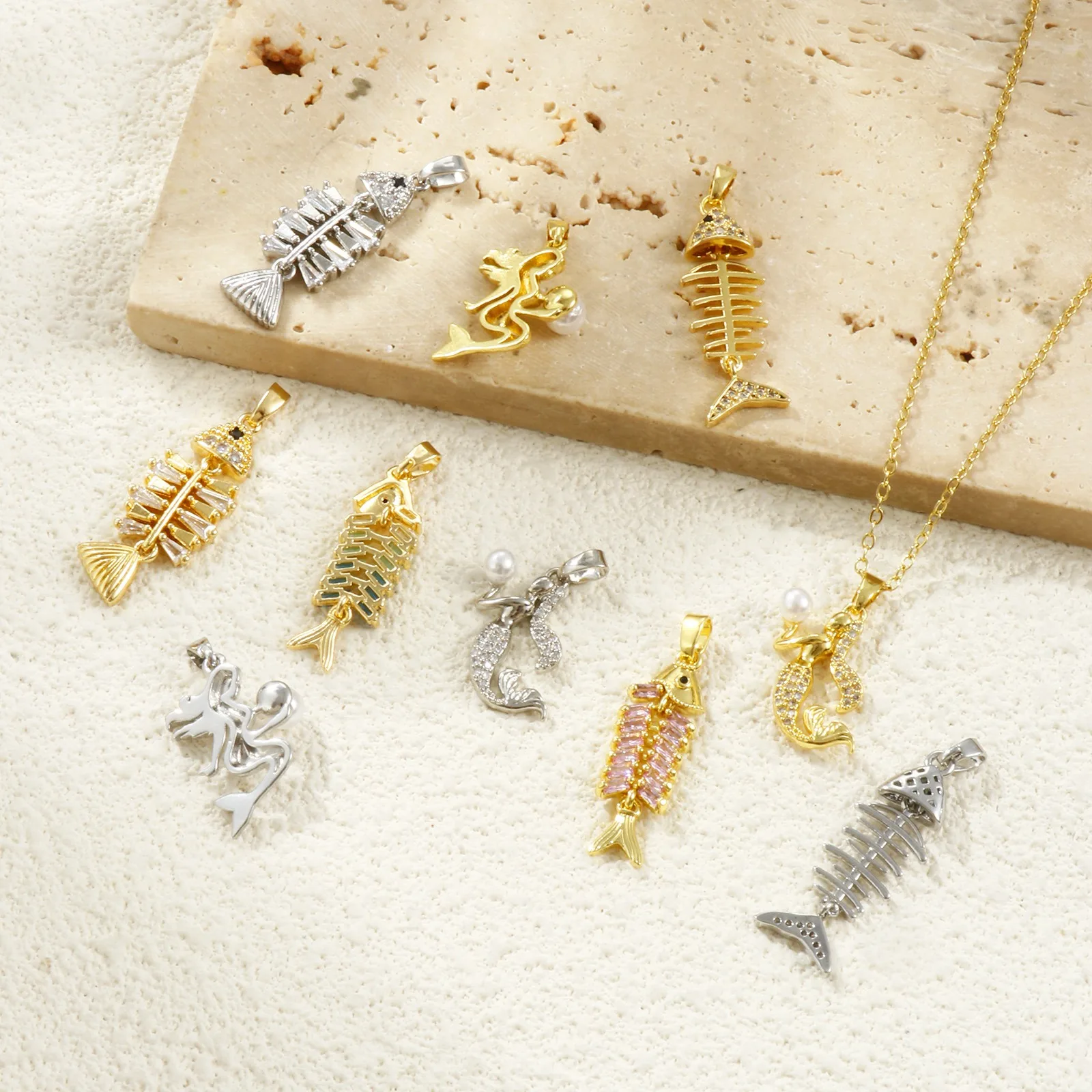 2pcs Brass Charms Gold Color Mermaid Fish Bone Micro Pave Black Rhinestone Pendants For Women DIY Necklace Jewelry Findings Gift view 2