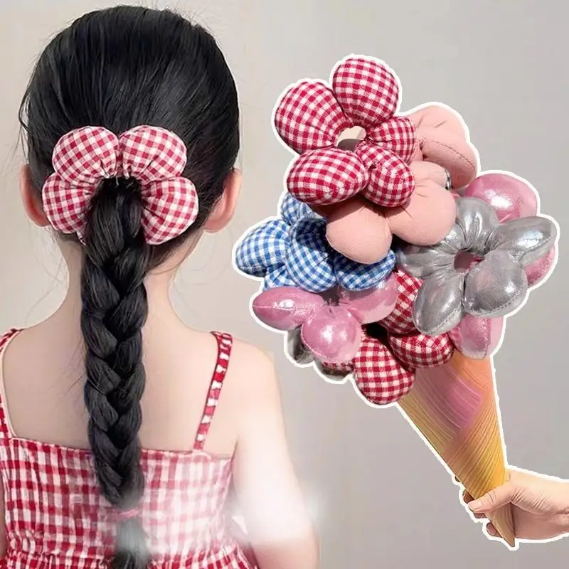 1Pcs Flower Shaped Hair Scrunchies Plaid Denim Shiny Styles Soft Fabric For Daily Wear Parties School Girls Hairstyling