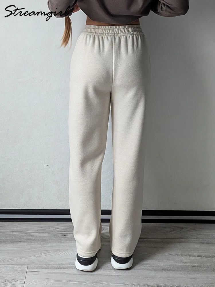 Streamgirl Warm Winter Wool Pants Women With Fleece Trousers High Waist Velvet Straight Leg Pants For Women Elastic Waist