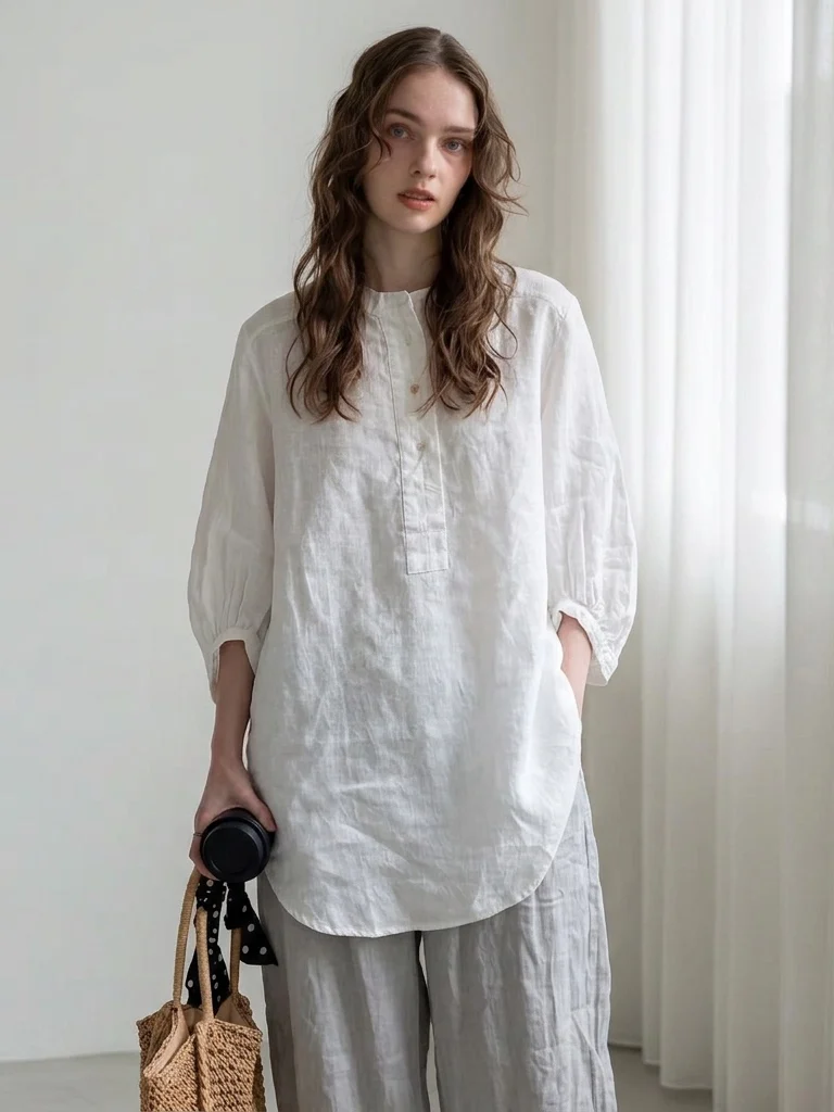 Fashionable Striped Linen Long Sleeve Slimming Loose Women's Shirt Color Woven Mid-Length Button-Up Casual Elegant Style