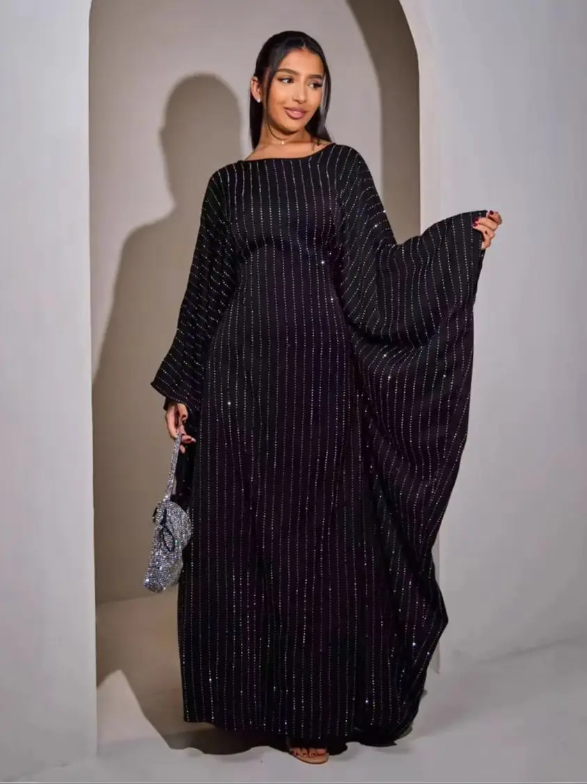 

Ramadan Eid Bat Sleeved Muslim Dress Robes Musulmane Abaya Elegant Beading Muslim Dress Arab Worship Service Clothing Wy2224