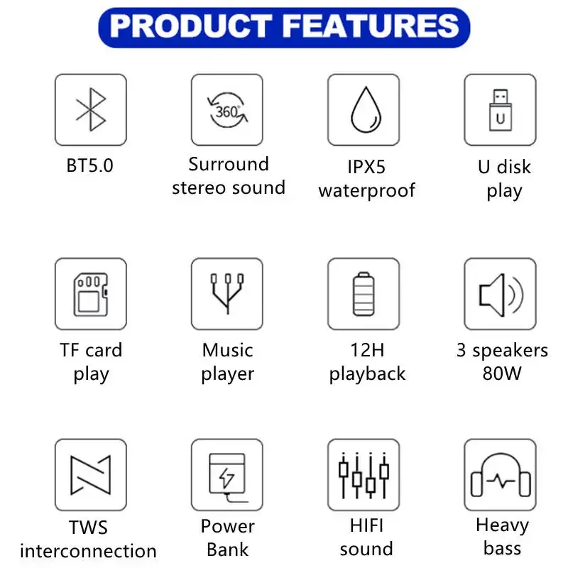 YYHC- Speaker 80W Heavy Bass Outdoor High-power Three-Speaker Wireless Desktop Audio  Interconnection EQ Sound Support TF