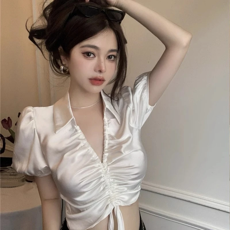 

Design POLO collar short sleeve shirt female summer high waist short niche bubble sleeve drawstring lapel blouse tops