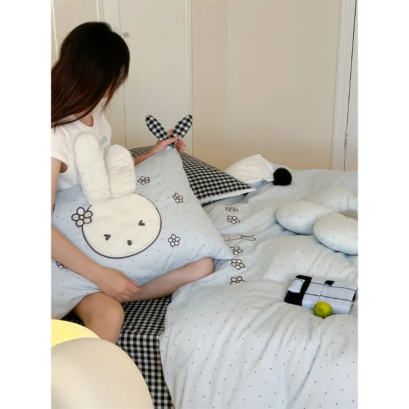 Cute Miffy Embroidered Rabbit Duvet Cover Set Washed Pure Cotton Plaid Polka Dot Quilt Bedding 3 4 Piece Set for 150CM 180CMBeds