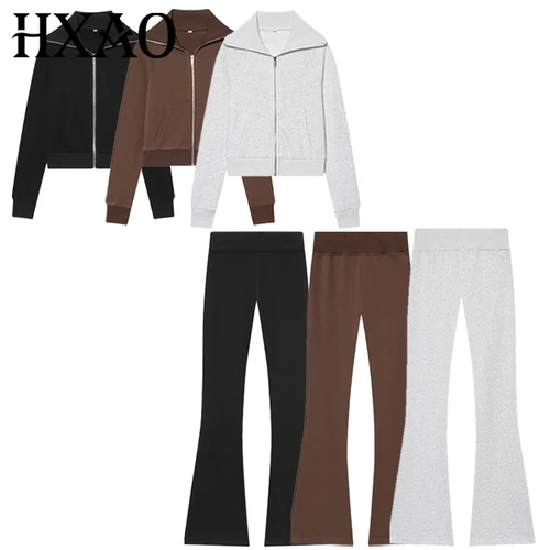 Imagen 1 del producto HXAO Conjuntos de pantalones acampanados de lana Conjunto de dos piezas para mujer Conjunto de chaqueta informal de manga larga con cremallera Conjunto de pantalones de cintura alta para mujer de 2 piezas