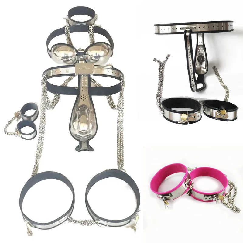 Stainless Steel Male Chastity Belt Pants Cock Cage with Chain BDSM Bondage Neck Collar Bra Handcuffs Thigh Cuffs Set Sex Toy Men