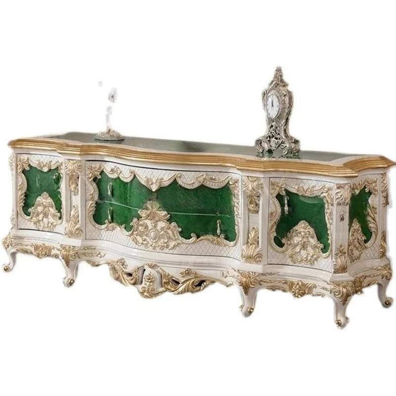 

European solid wood carved TV cabinet luxury villa large dark green storage cabinet
