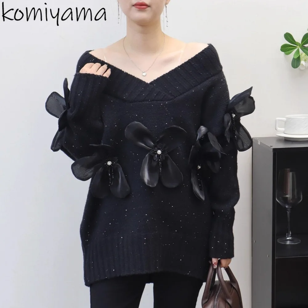 

Sequin 3d Floral Ropa De Muje Thicked Warm Roupas V-neck Long Sleeve Sweater Knit Woman Clothes 2025 Autumn Loose Sueter