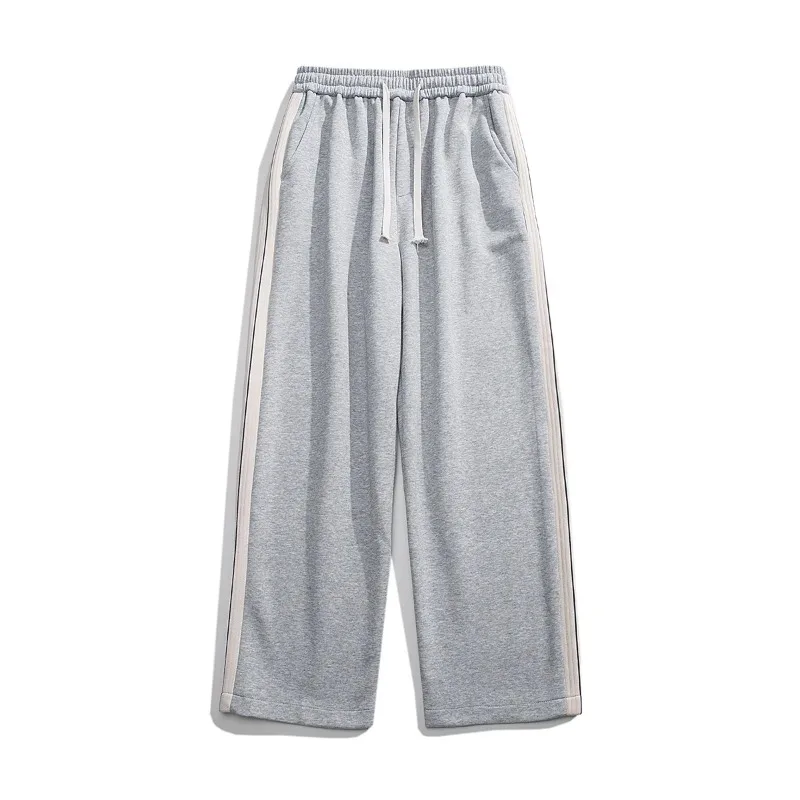 Spring Autumn Men's Striped Elastic High Waisted Pocket Solid Casual Loose Sports Wide Leg Workwear Trousers Office Lady Pants