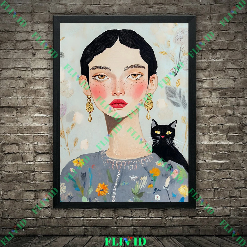 سيدة أنيقة مع القطة السوداء مجردة الرسم على لوحات القماش الجدارية ، امرأة أنيقة والقط صورة الحد الأدنى ملصق فني طباعة ديكور المنزل #2
