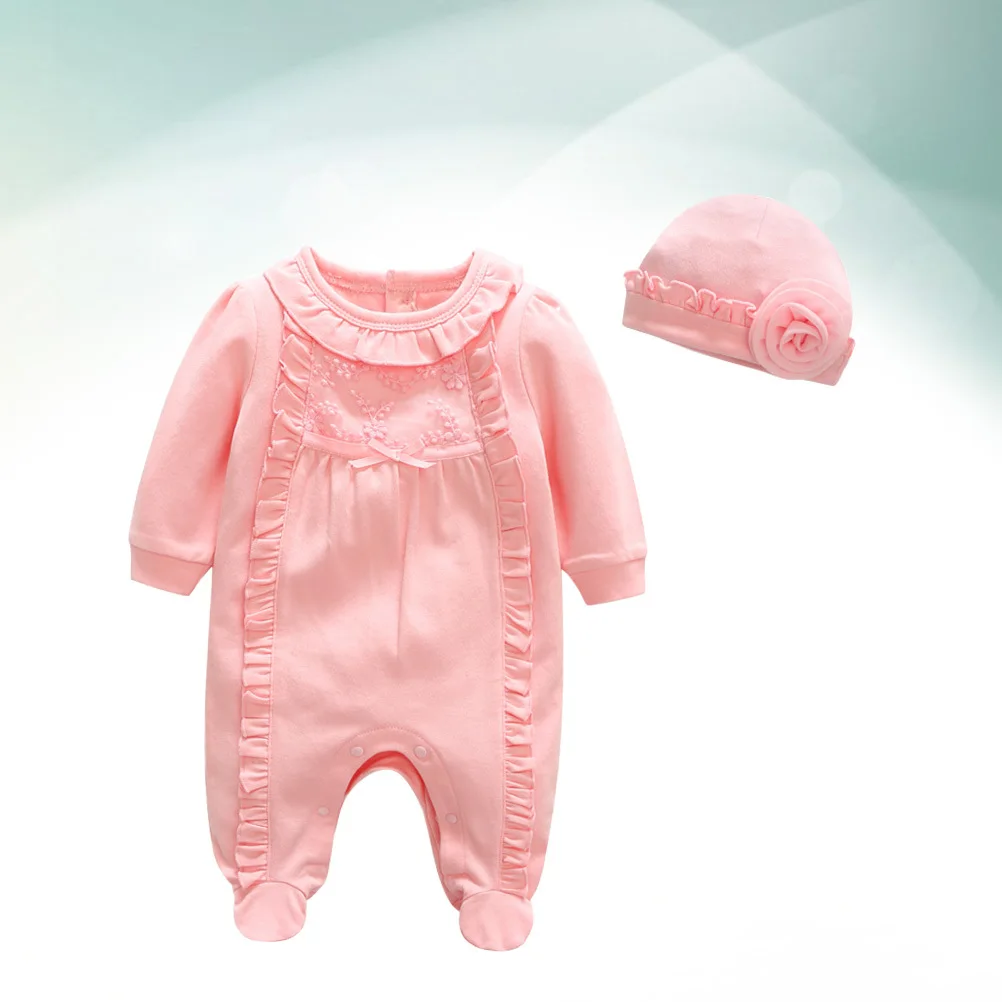 

Pink Infant Cotton Sleeve Jumpsuit Spring Autumn Hat Baby Jumpsuit Newborn Girls Daily Wear Jumpsuits for Newborn Girls