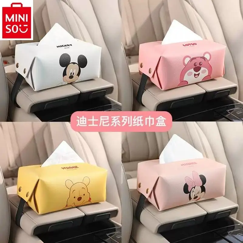 MINISO Disney Car Armrest Box Tissue Box Cover Cute Cartoon Strawberry Bear Car Hanging Paper Box Decoration Accessories