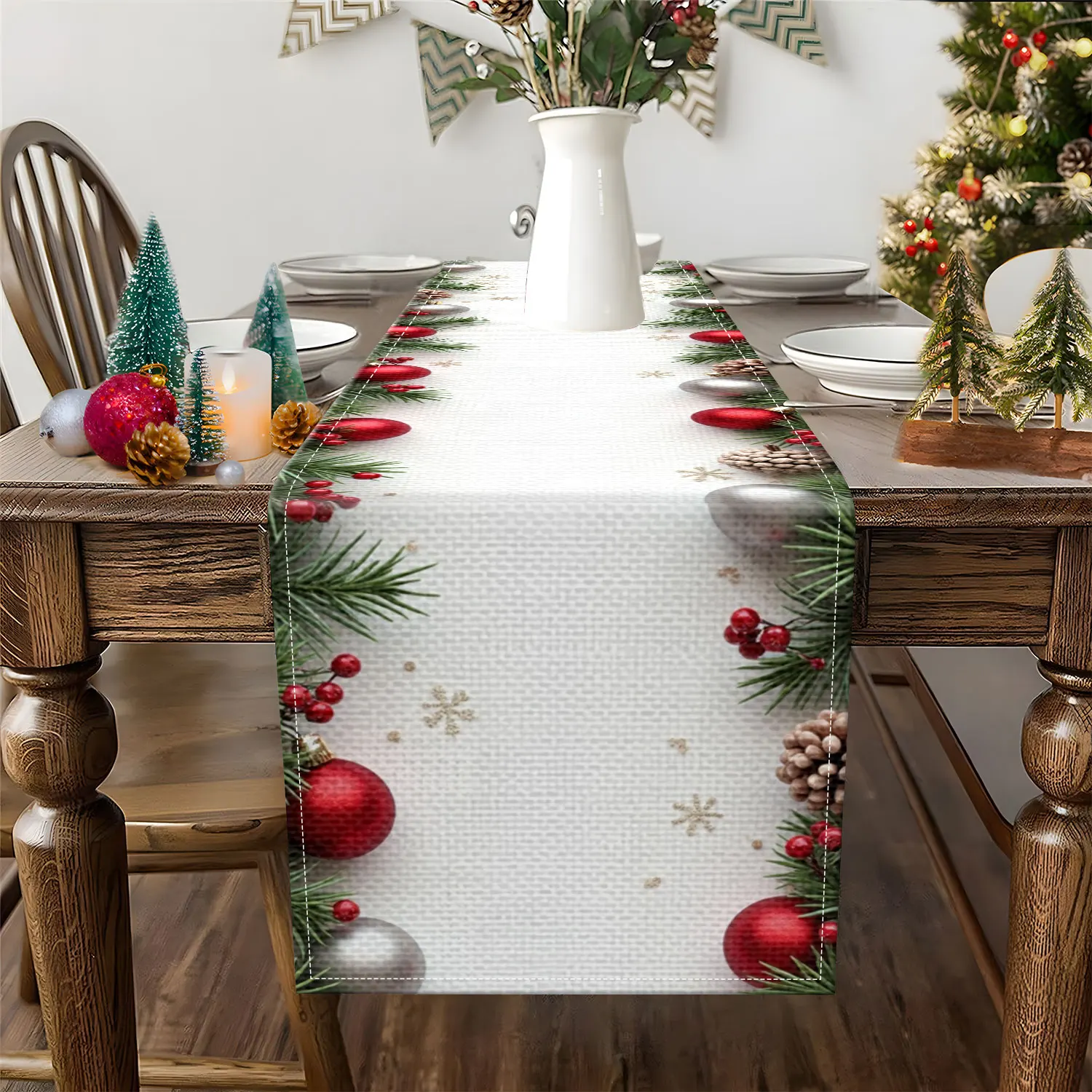 1 Piece of Christmas-Themed Table Runner, Decorated with Colorful Balls, Pine Branches, Pine Cones, Etc., Suitable for Christmas Family Dinners and Holiday Party Decoration Scenes